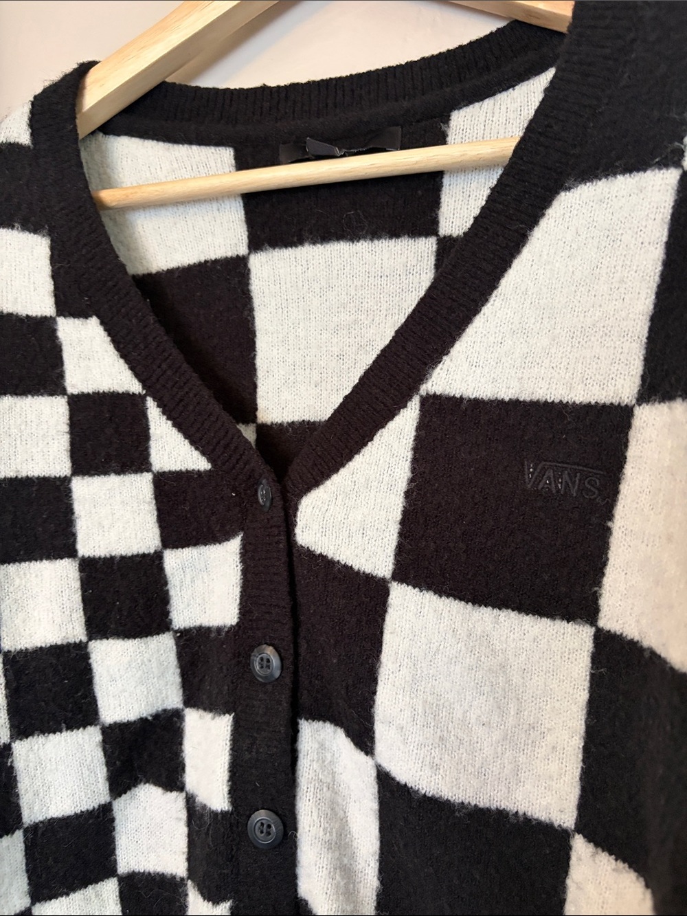 Vans Black & White Checkerboard V-Neck Button Sweater Cardigan